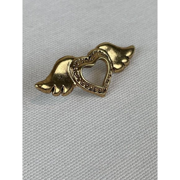 Vintage Signed Marci Winged Open Heart Angel Wings Gold Tone Lapel Pin - Picture 2 of 7